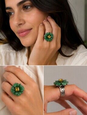 925 Sterling Silver Carved Green Stone Floral Statement Ring